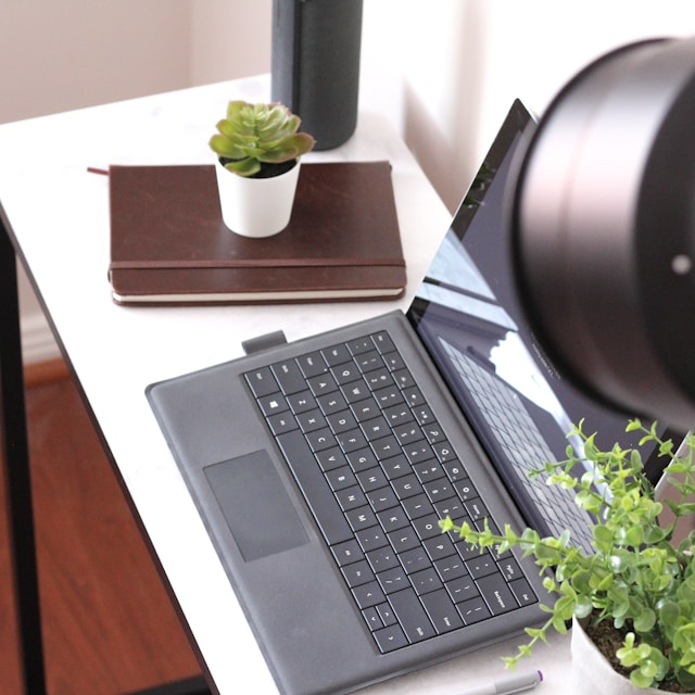 Computer desk with computer and decor