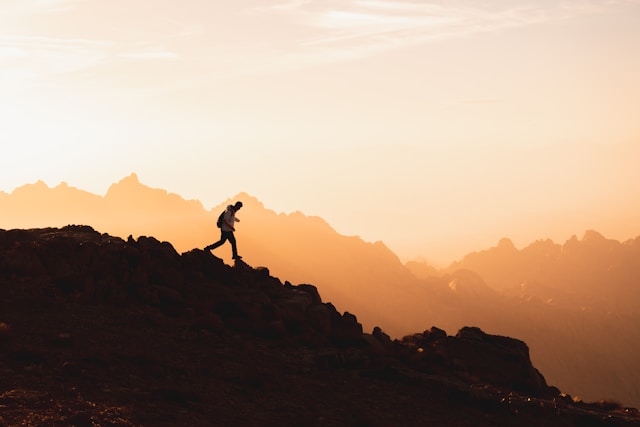 hiker in the morning mist